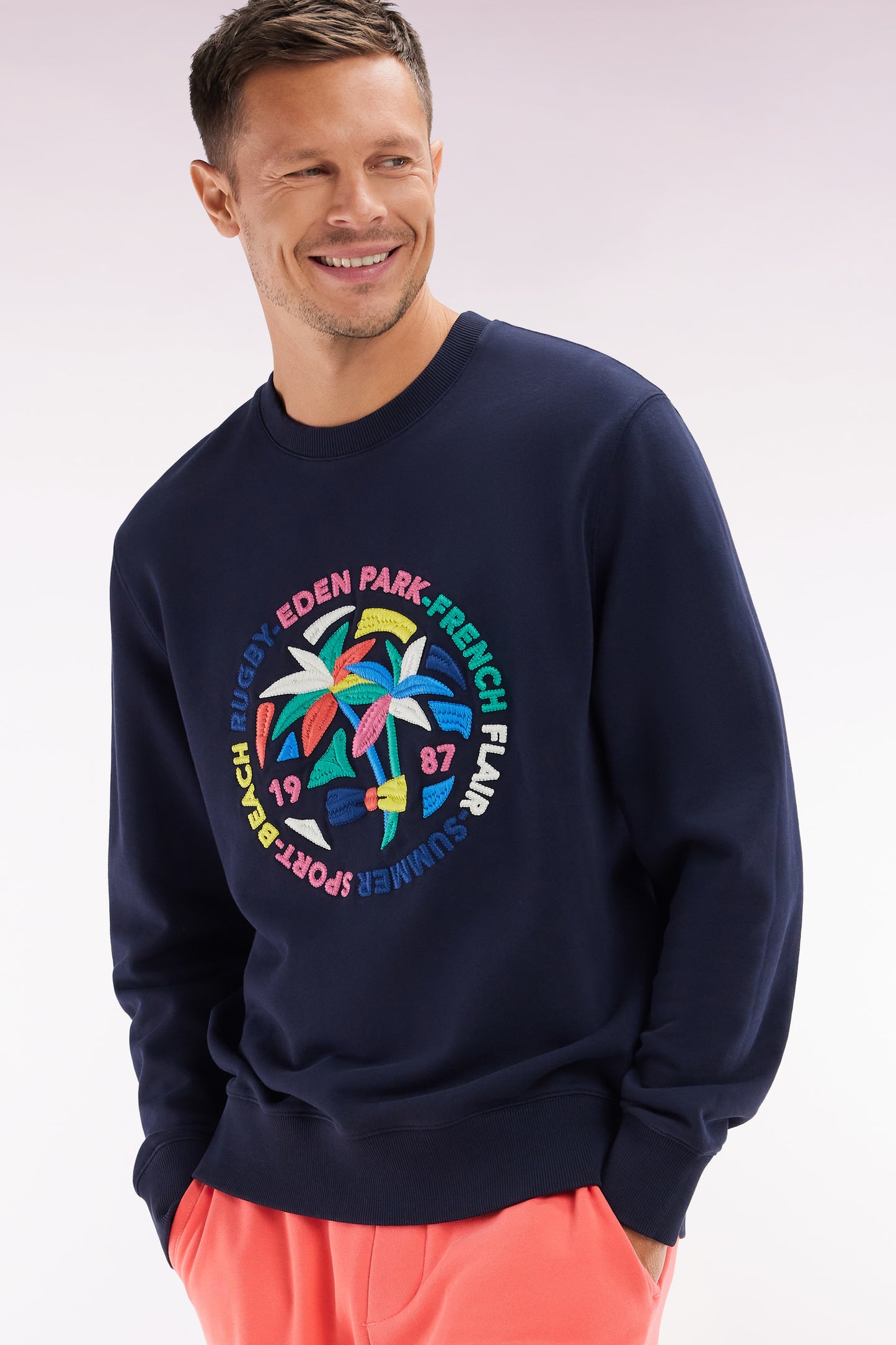 Sweatshirt en coton marine broderie palmiers multicolore coupe décontractée