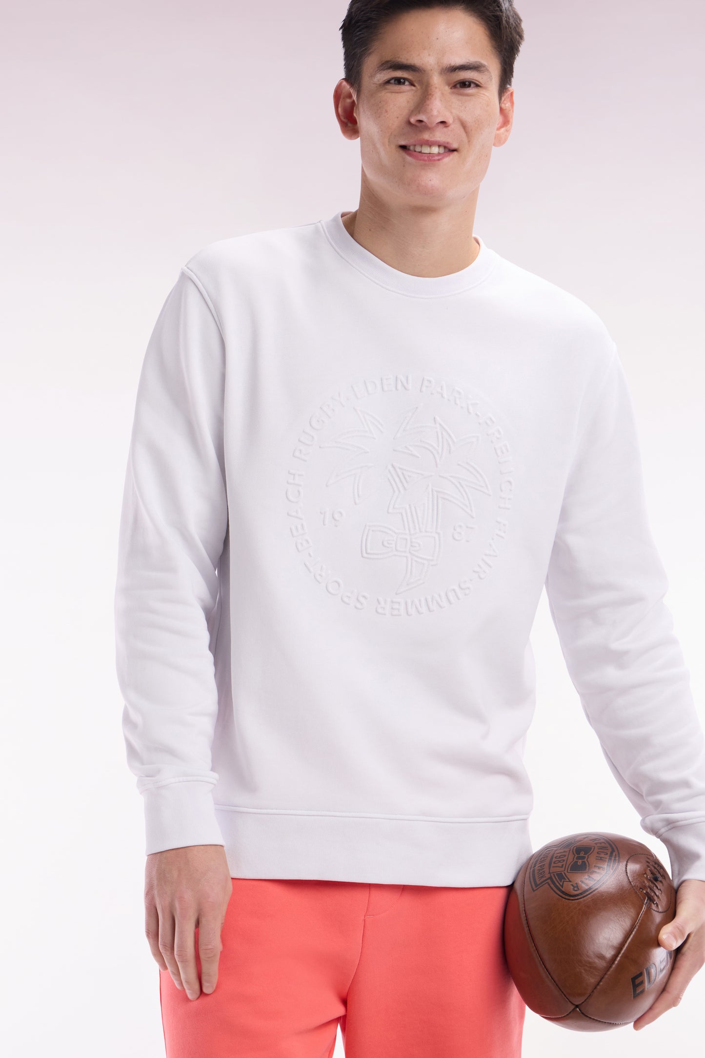 Relaxed fit white cotton fleece sweatshirt with tone-on-tone palm tree embroidery