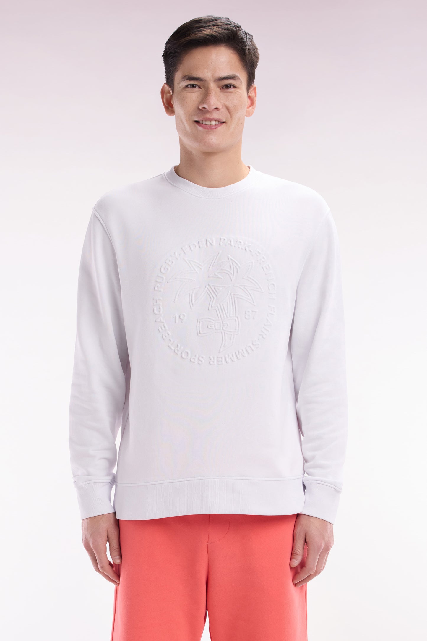 Relaxed fit white cotton fleece sweatshirt with tone-on-tone palm tree embroidery