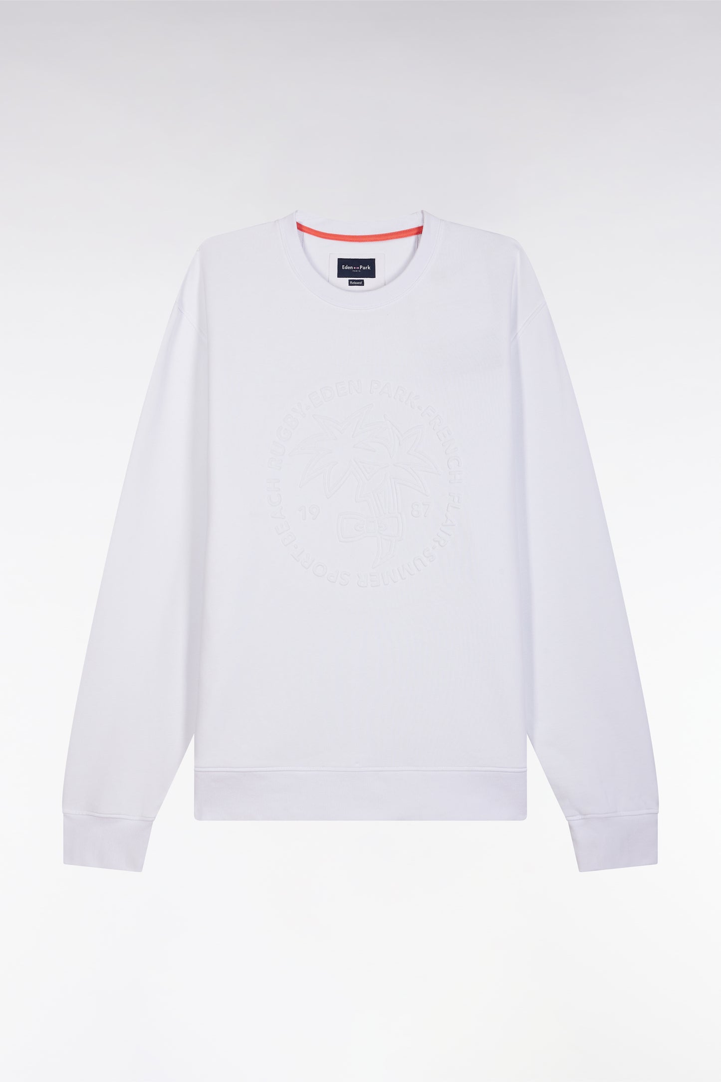 Relaxed fit white cotton fleece sweatshirt with tone-on-tone palm tree embroidery