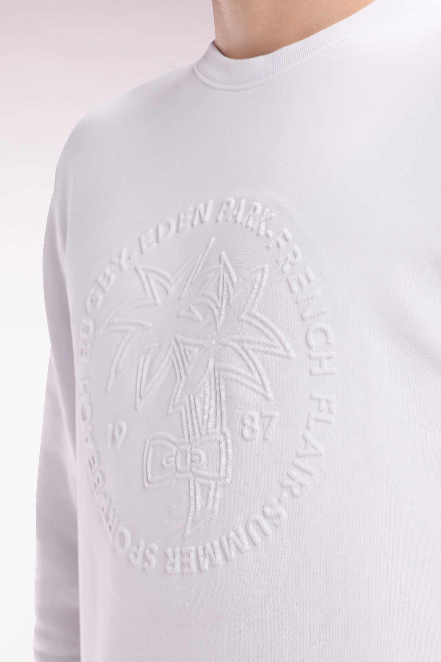 Relaxed fit white cotton fleece sweatshirt with tone-on-tone palm tree embroidery
