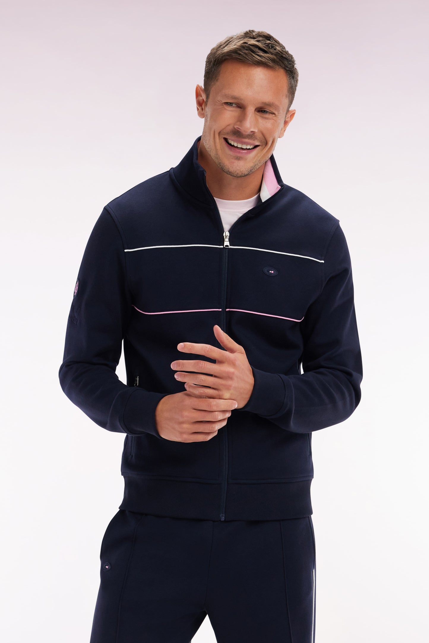 Straight-fit zip-up sweatshirt in navy stretch cotton with contrasting piping