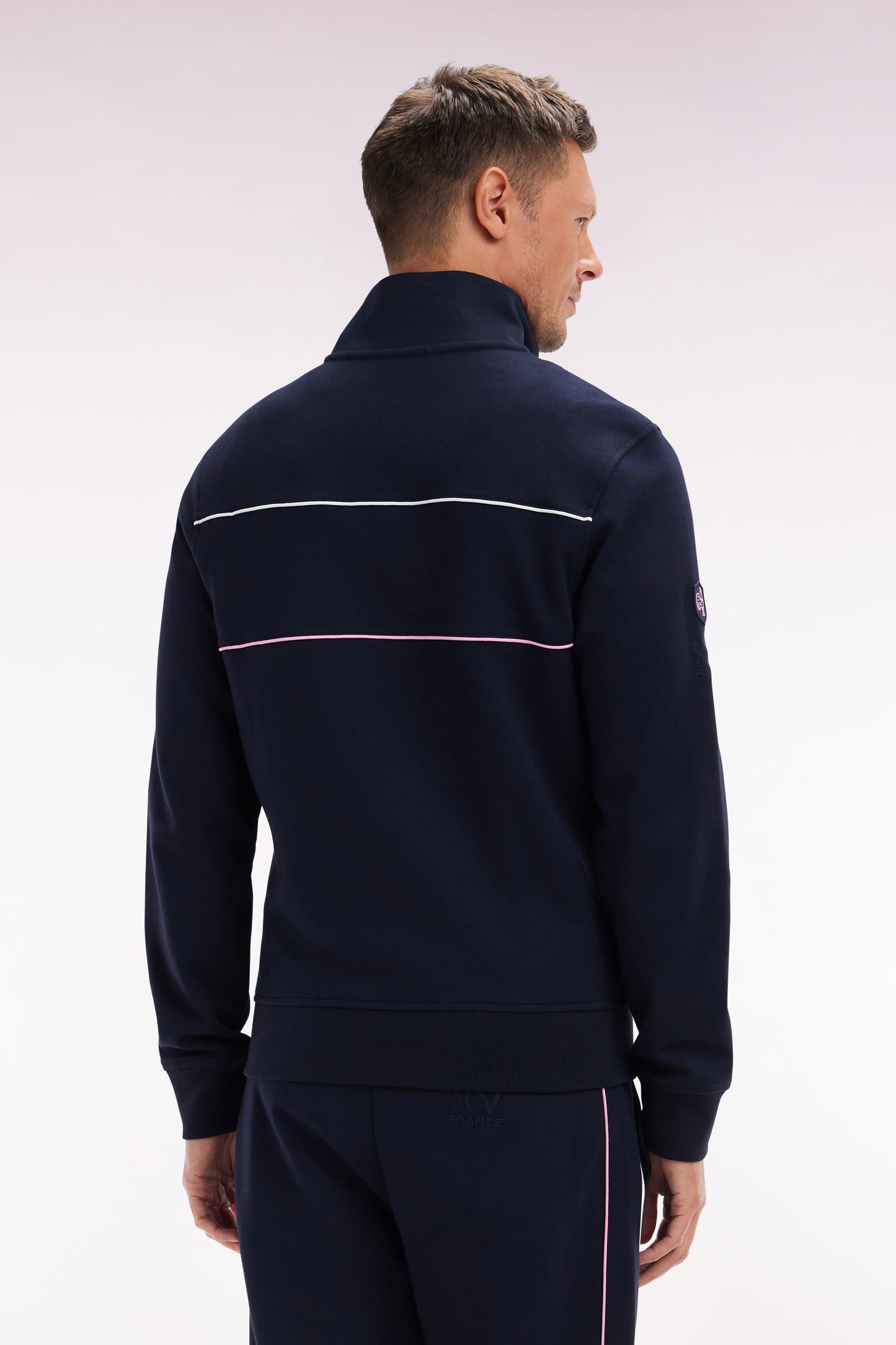 Straight-fit zip-up sweatshirt in navy stretch cotton with contrasting piping