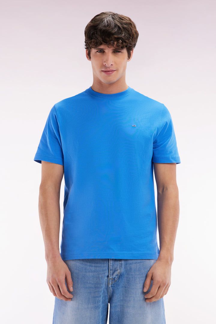 T-shirt en coton Pima bleu broderie dos coupe droite