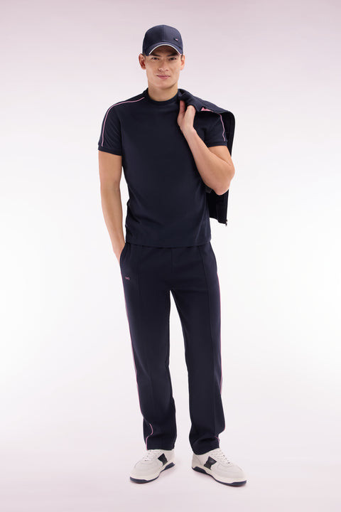 Straight-fit navy cotton T-shirt with pink piping and pink embroidery - Image 3