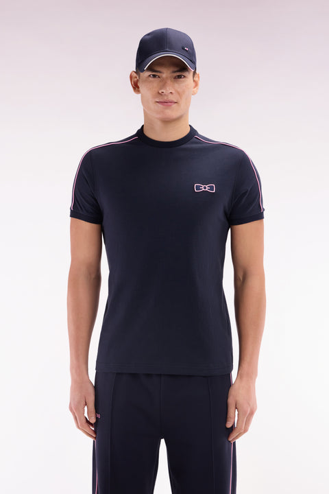 Straight-fit navy cotton T-shirt with pink piping and pink embroidery - Image 1