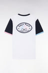Straight-fit white cotton embroidered colorblock t-shirt
