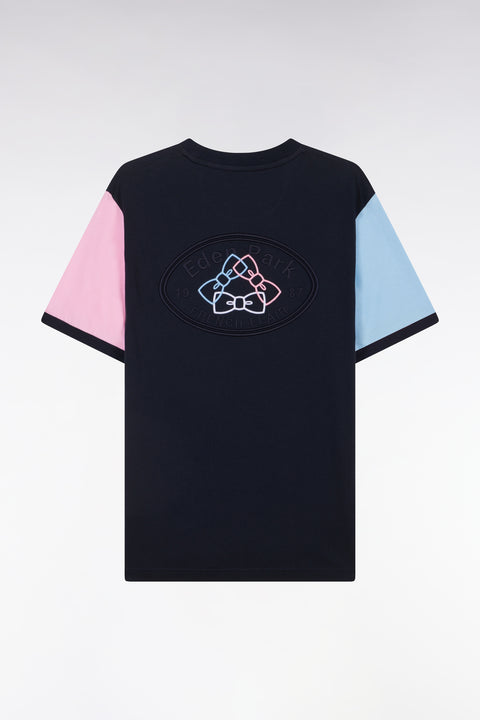 Straight-fit navy cotton embroidered colorblock t-shirt - Image 2