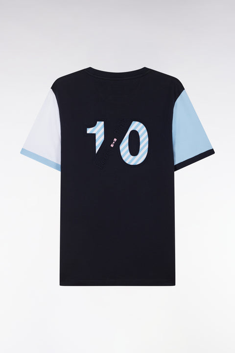 Straight-fit colorblock T-shirt in navy cotton with 10 embroidery - Image 2