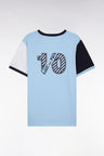 Straight-fit colorblock T-shirt in sky blue cotton with 10 embroidery