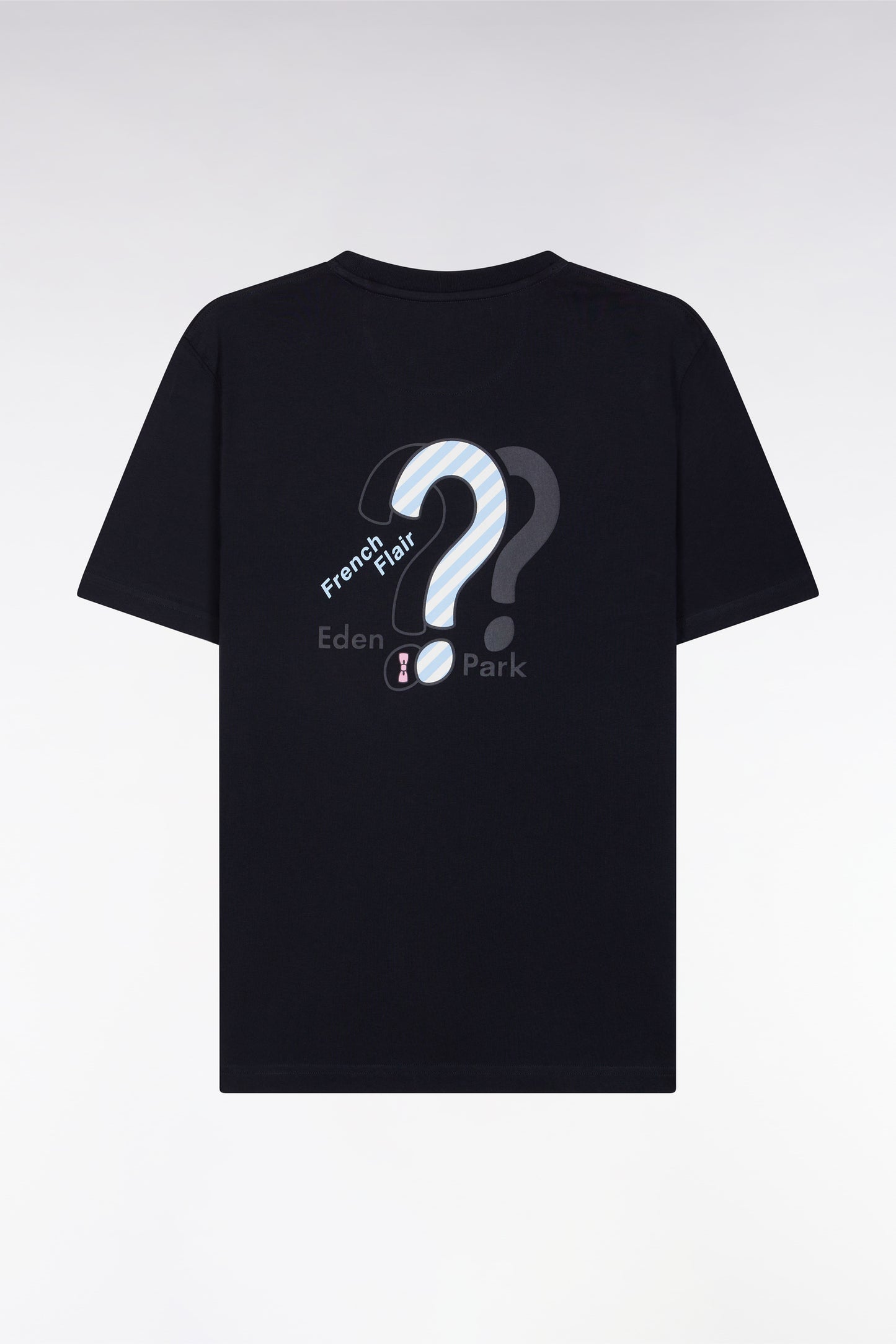 Navy cotton T-shirt with embroidery on hooped back, straight cut