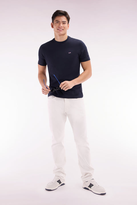 Navy cotton T-shirt with embroidery on hooped back, straight cut - Image 3