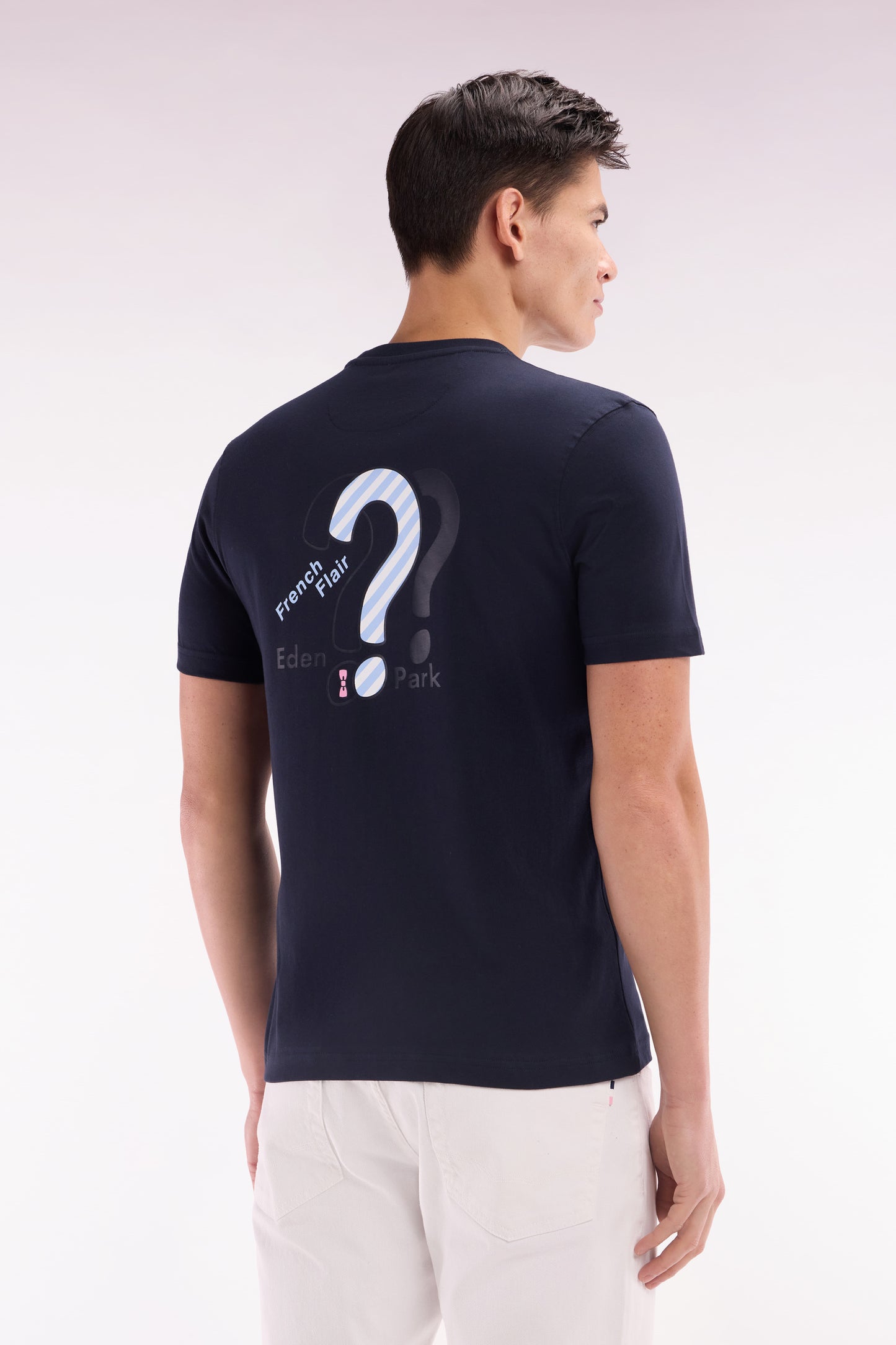 Navy cotton T-shirt with embroidery on hooped back, straight cut