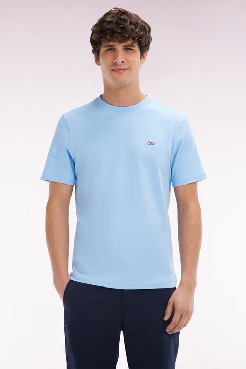 T-shirt in sky cotton with embroidery on hooped back, straight cut - Image 1