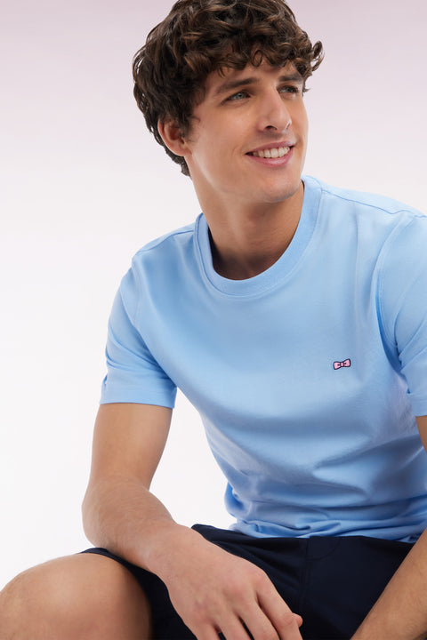 T-shirt in sky cotton with embroidery on hooped back, straight cut - Image 3