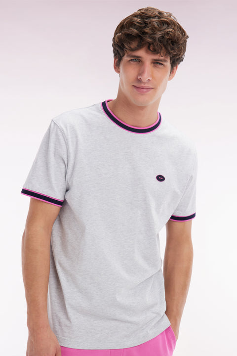 Grey cotton T-shirt with pink ribbing, relaxed fit - Image 3