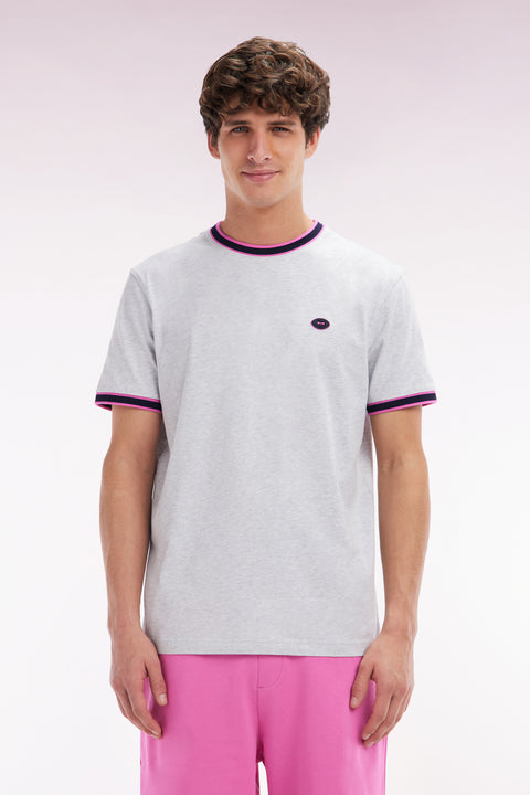 Grey cotton T-shirt with pink ribbing, relaxed fit - Image 1