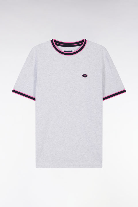 Grey cotton T-shirt with pink ribbing, relaxed fit - Image 2