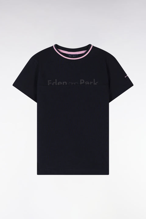 Navy cotton T-shirt with pink details, straight cut - Image 1