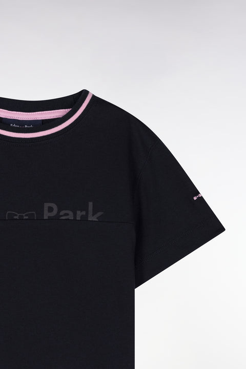 Navy cotton T-shirt with pink details, straight cut - Image 2