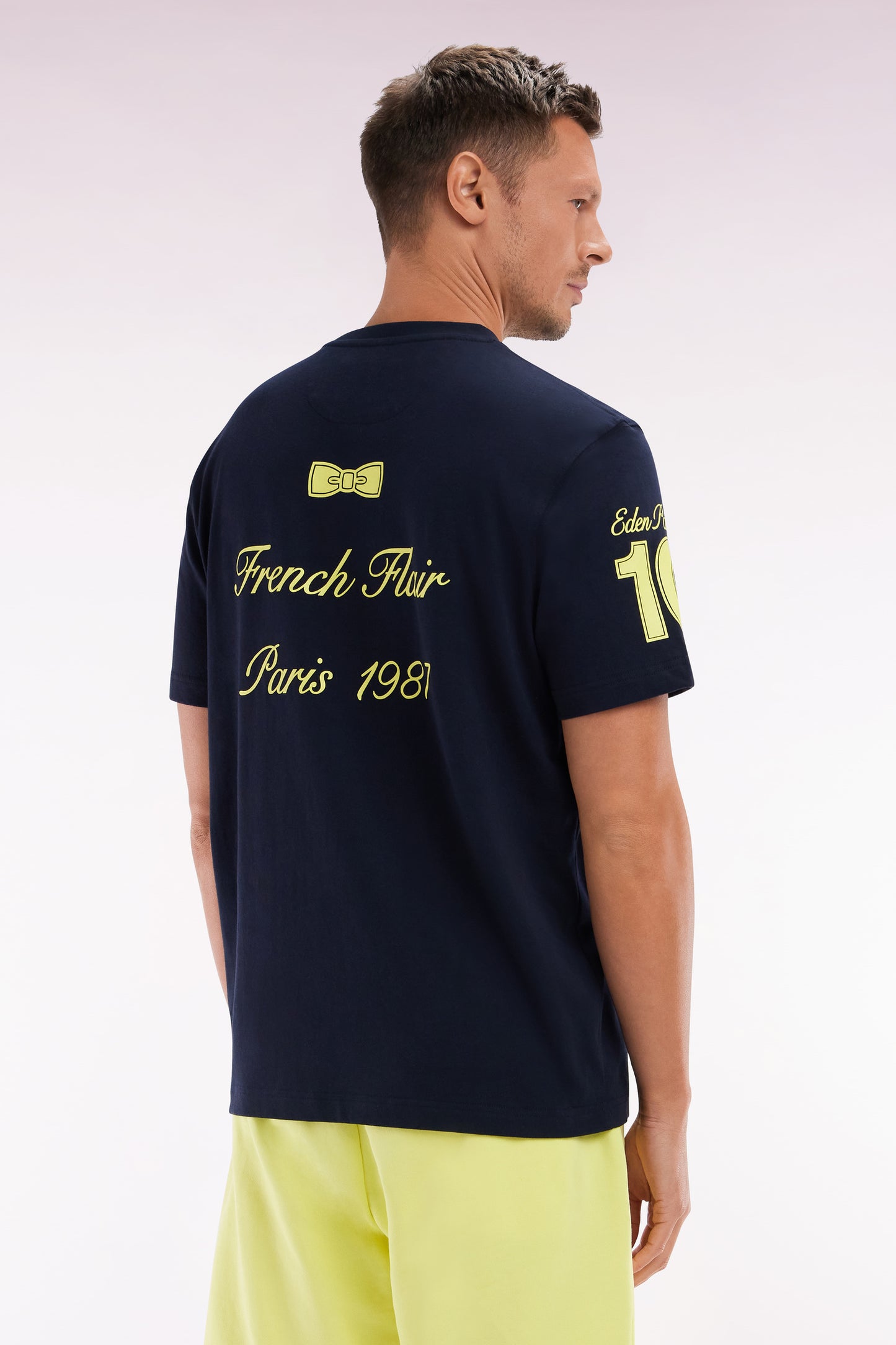 T-shirt in cotton navy yellow embroidery casual cut