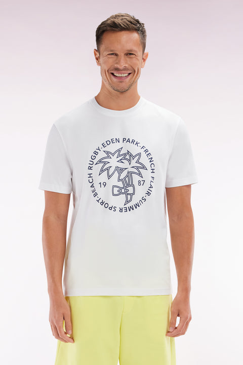 White cotton T-shirt with palm tree silk-screen print, relaxed fit - Image 1