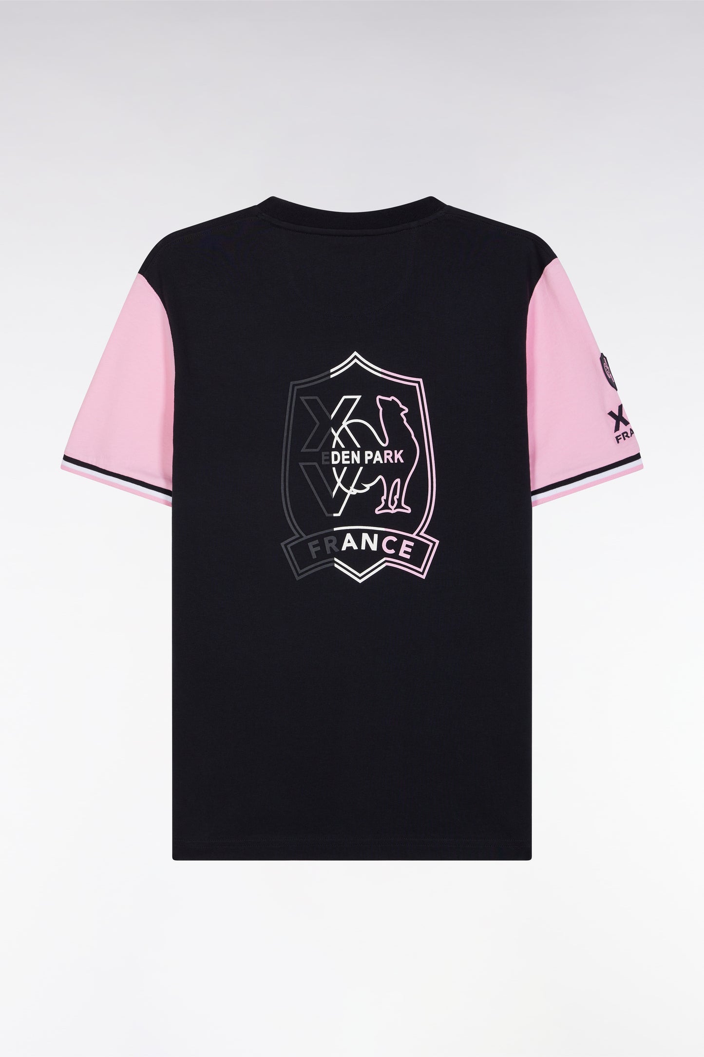 Two-color XV t-shirt with navy cotton and pink embroidery straight cut