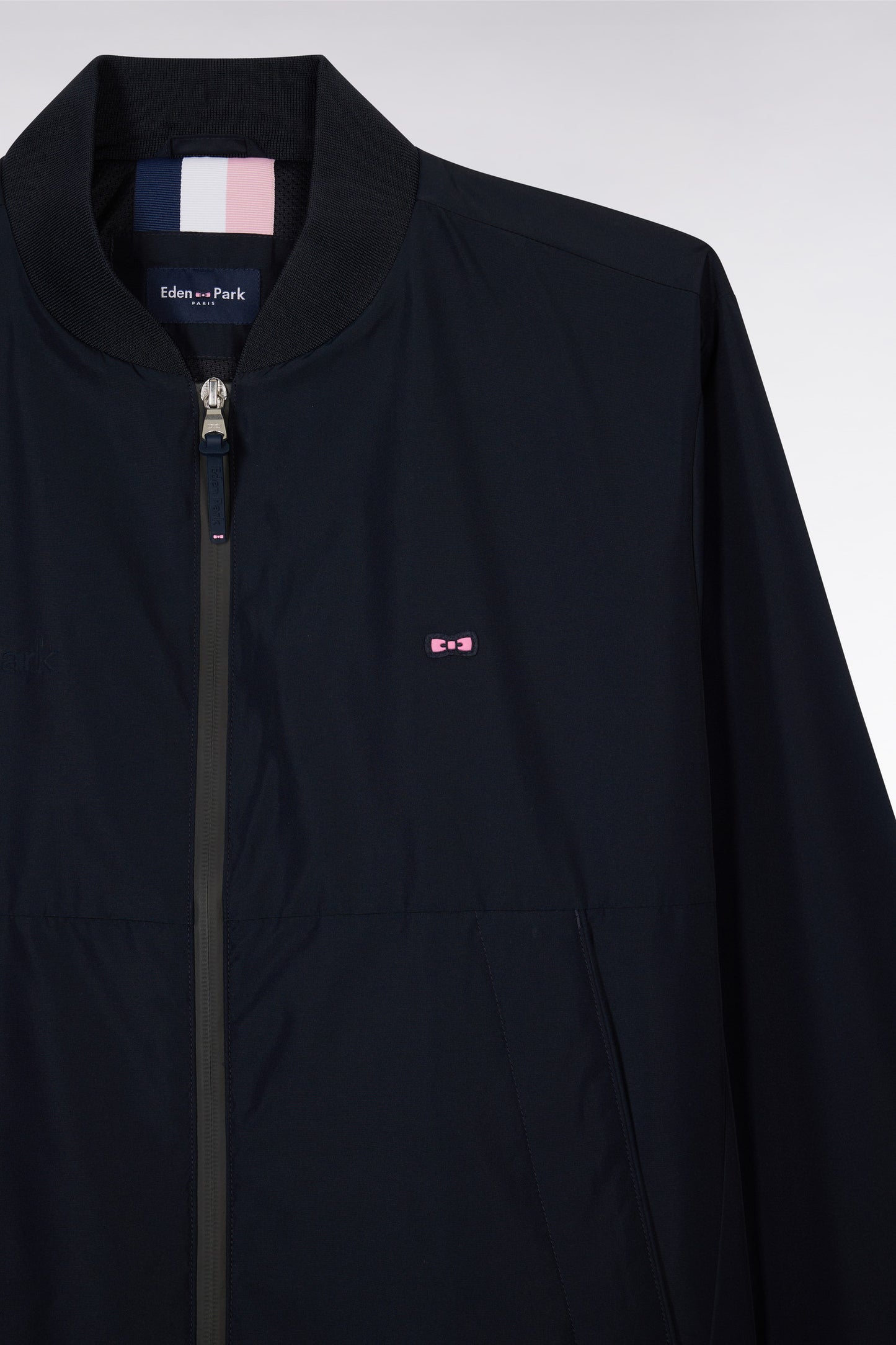 Soft Touch nylon navy zipped jacket with teddy collar