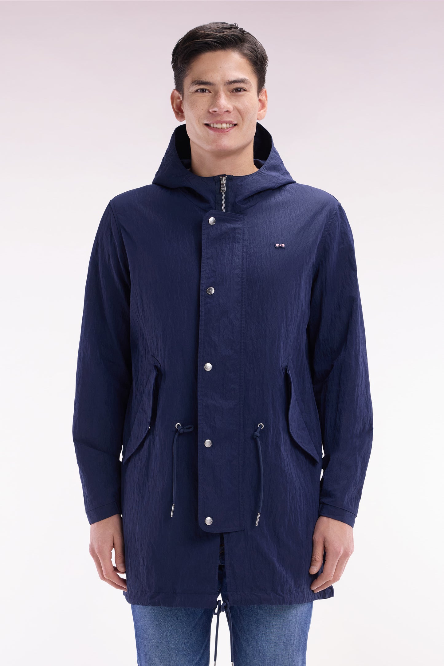 Lightweight navy parka with integrated hood