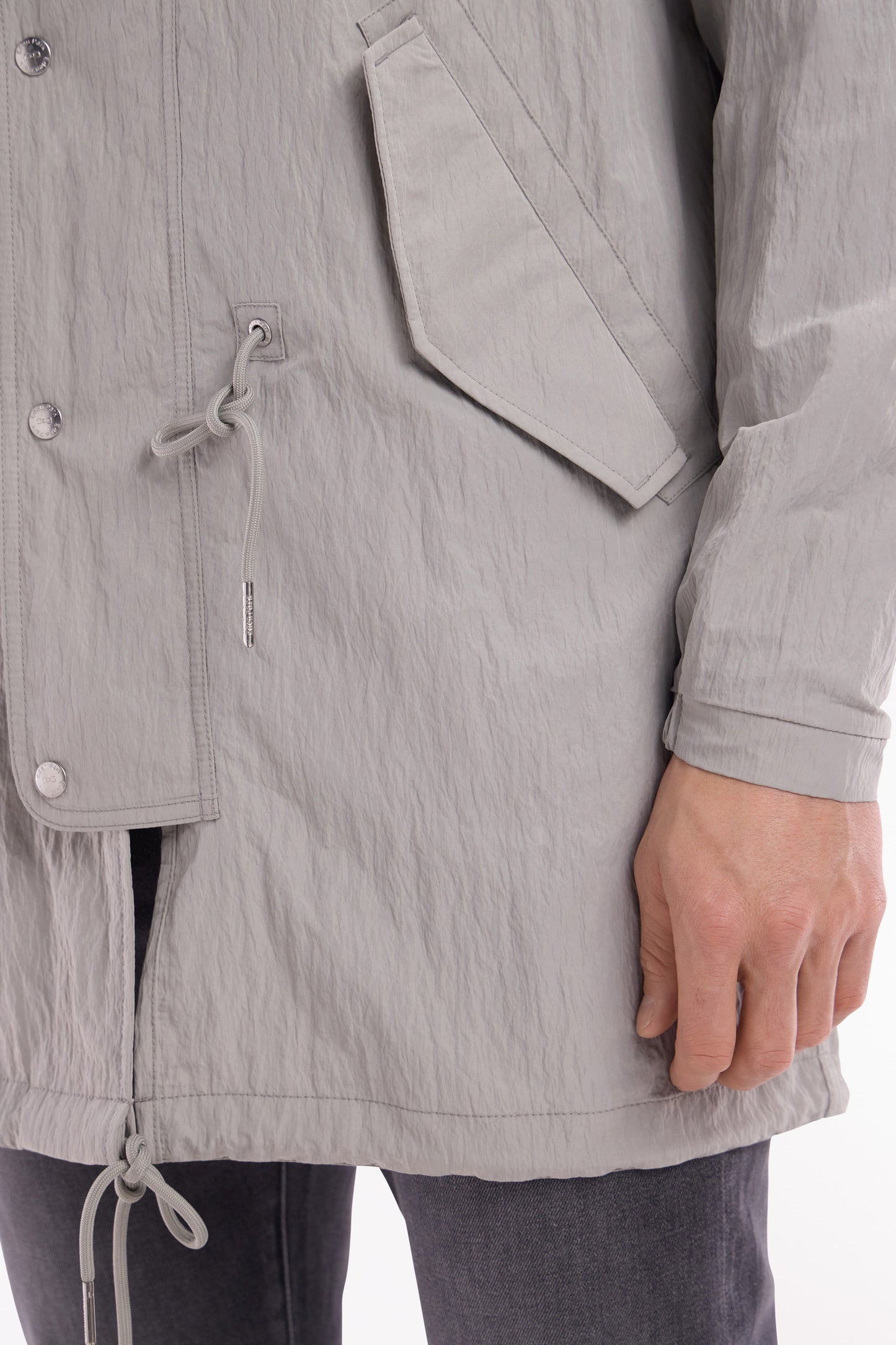 Lightweight grey parka with integrated hood