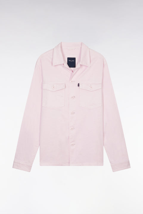 Overshirt with patch pockets in pink stretch linen and cotton - Image 2
