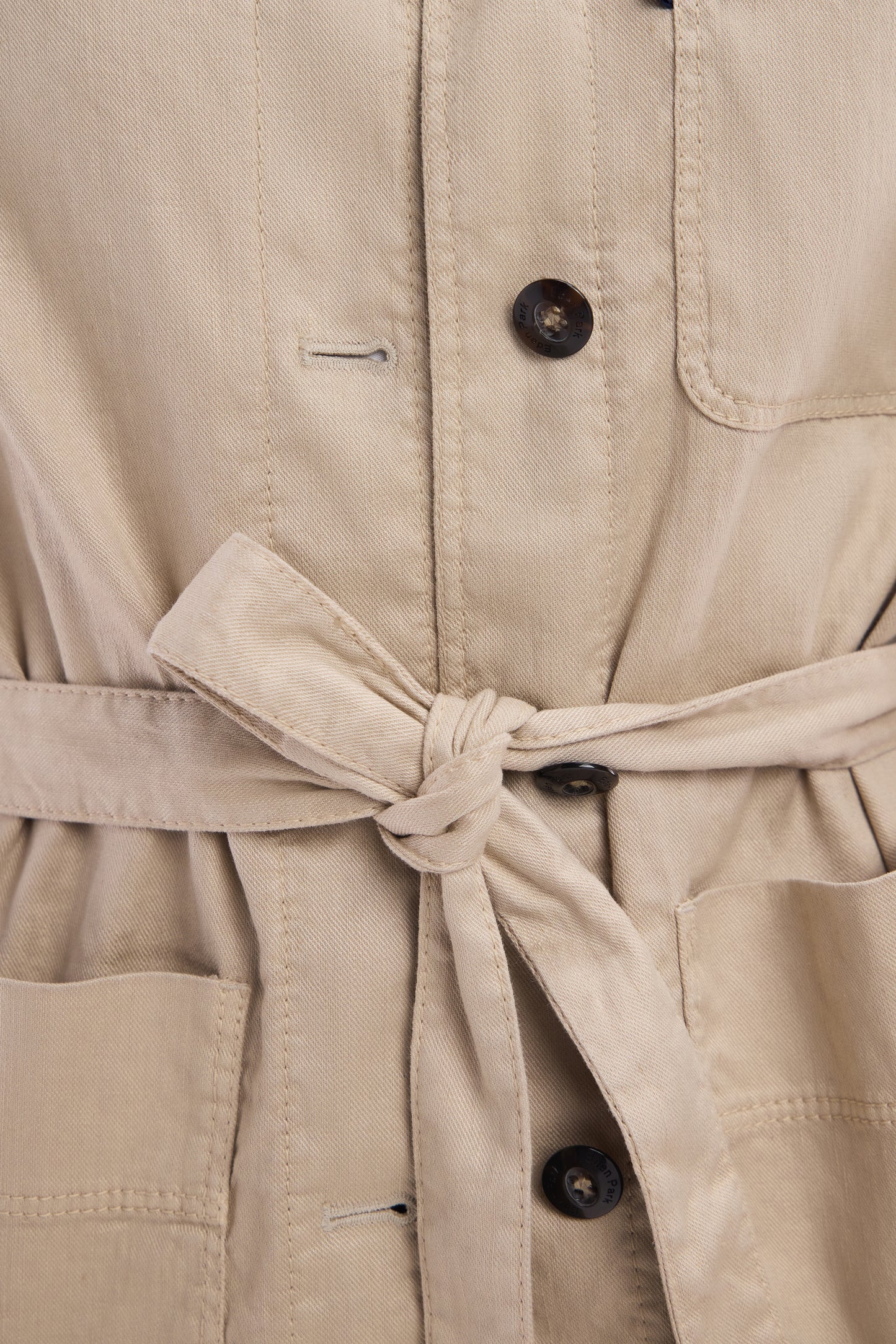 Oversized belted beige overshirt in linen and stretch cotton