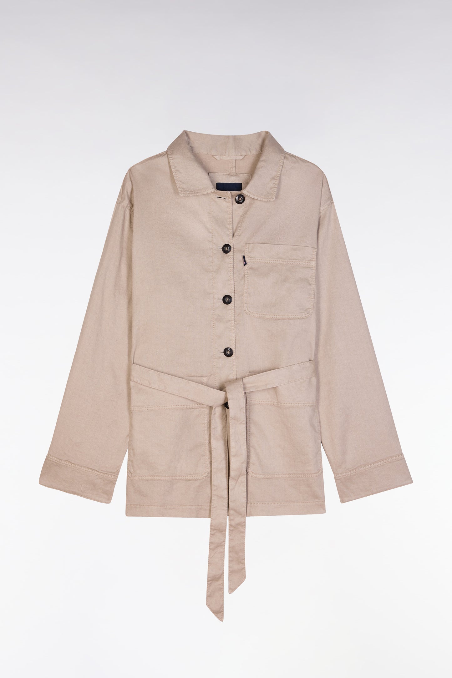 Oversized belted beige overshirt in linen and stretch cotton