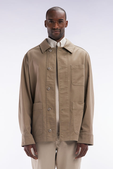 Sand stretch cotton overshirt with patch pockets - Image 1