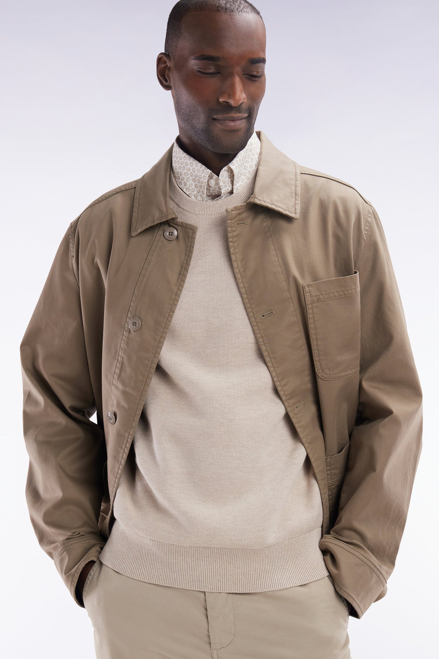 Sand stretch cotton overshirt with patch pockets