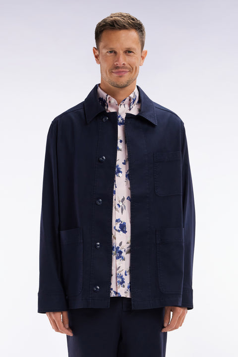 Navy stretch cotton overshirt with patch pockets - Image 1