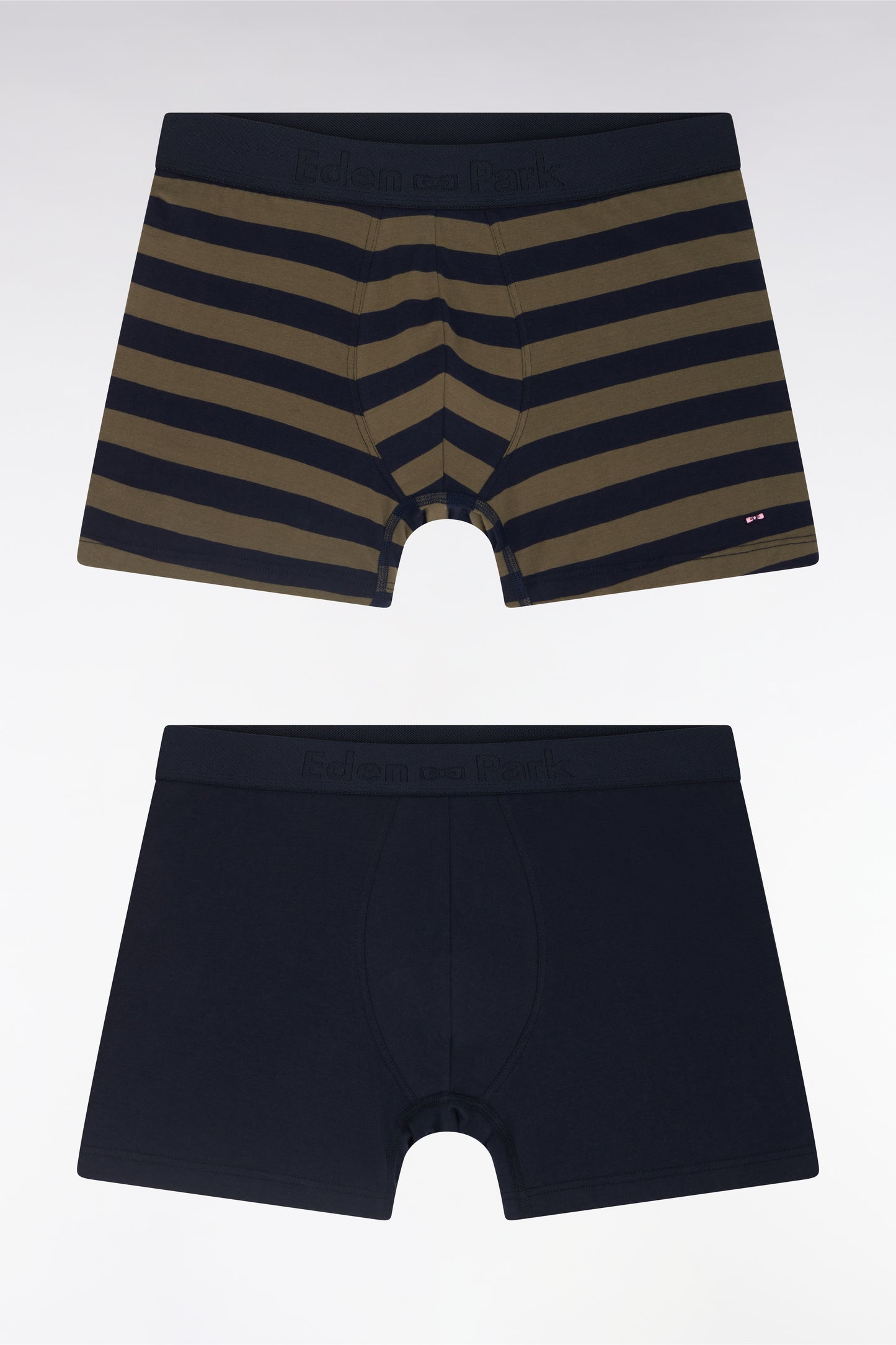 Set of two plain boxer shorts in navy and khaki stretch cotton jersey