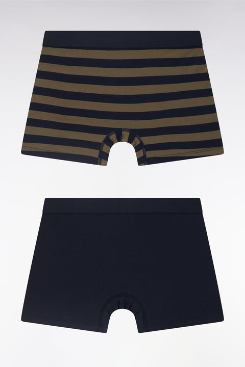 Lot de deux boxers unis et cerclés en jersey de coton stretch marine et kaki - Image 2