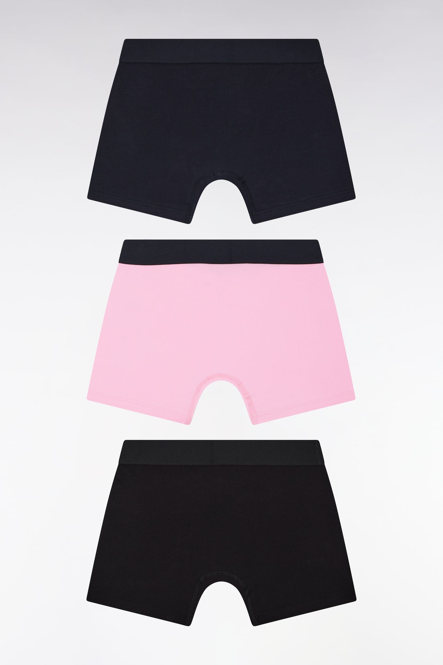 Set of three plain black, navy and pink cotton jersey boxer shorts