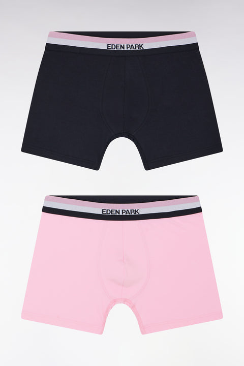 Lot de deux boxers en jersey de coton stretch unis à ceinture élastique tricolore marine et rose - Image 1
