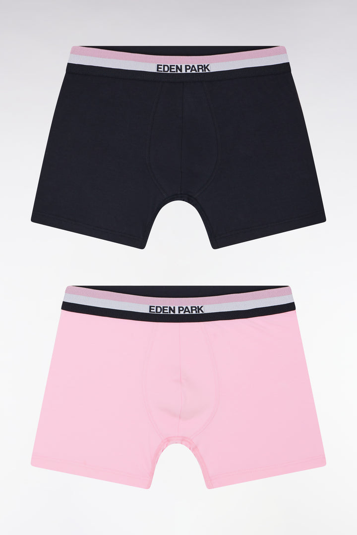 Lot de deux boxers en jersey de coton stretch unis à ceinture élastique tricolore marine et rose