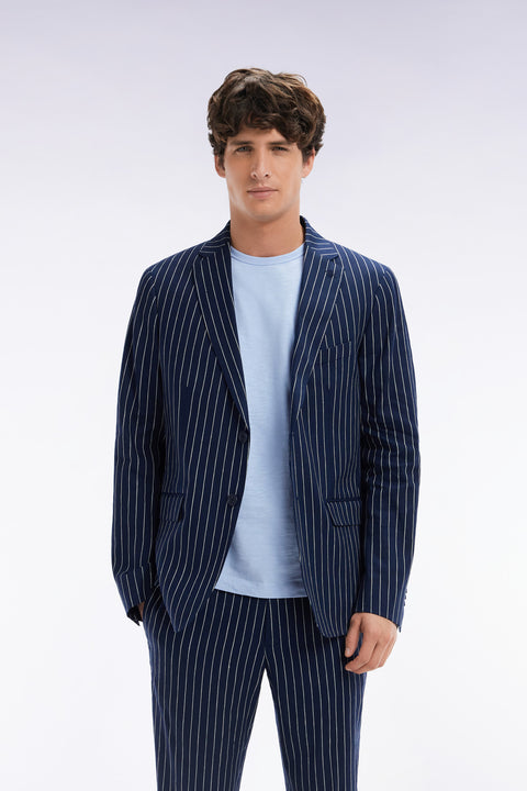 Modern fit navy suit jacket with tennis stripes - Image 1