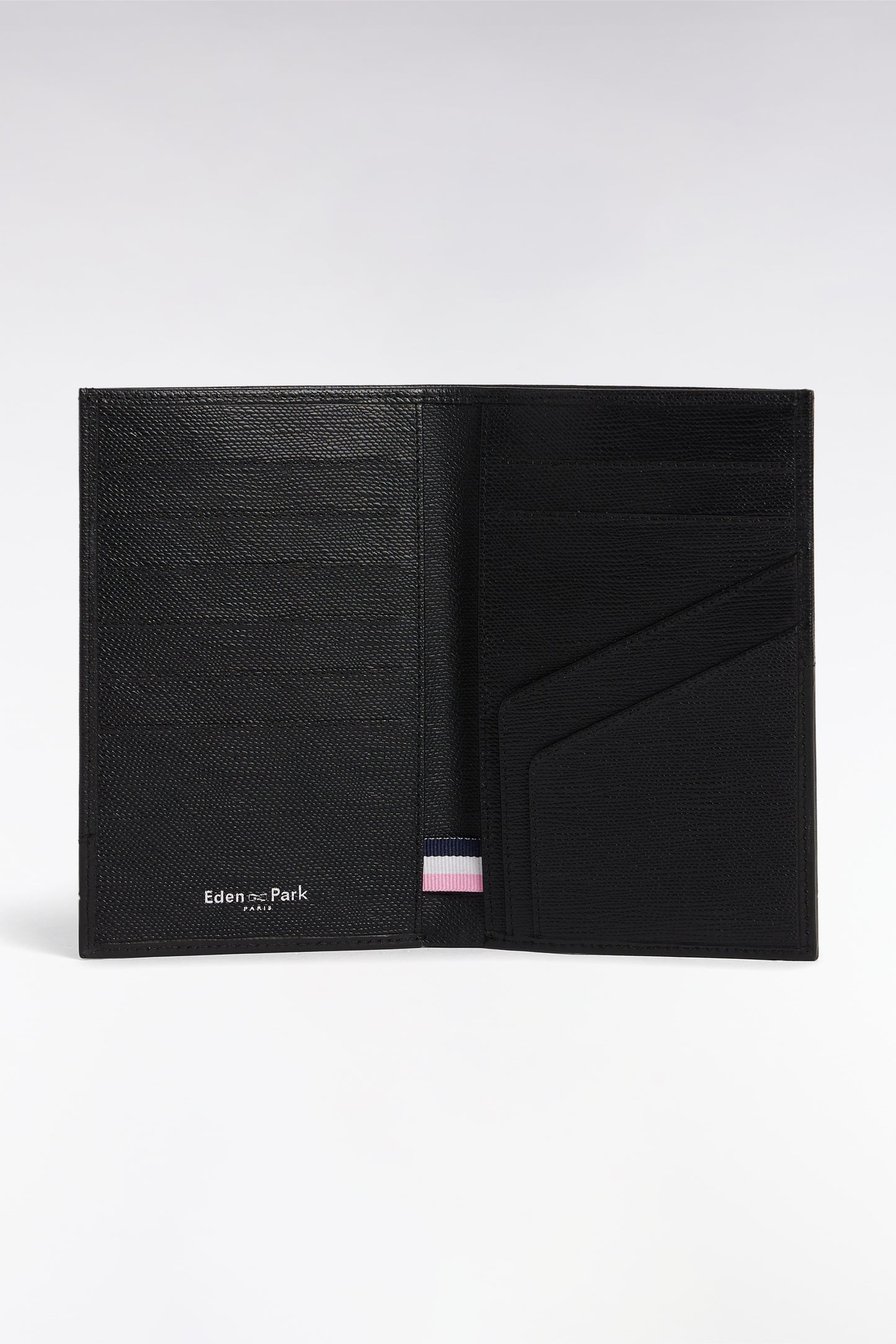 Two-material passport-sized wallet in black leather