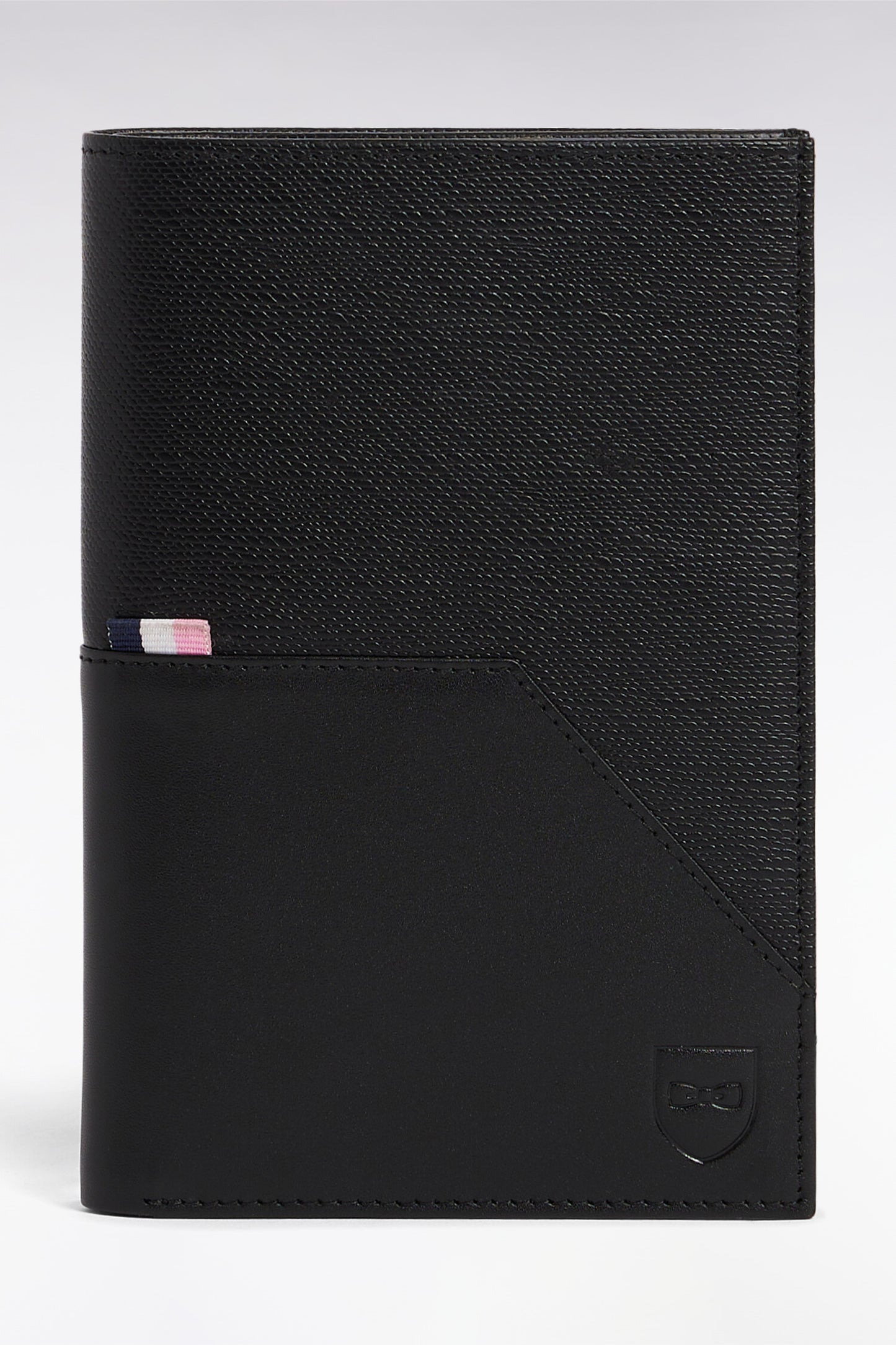 Two-material passport-sized wallet in black leather