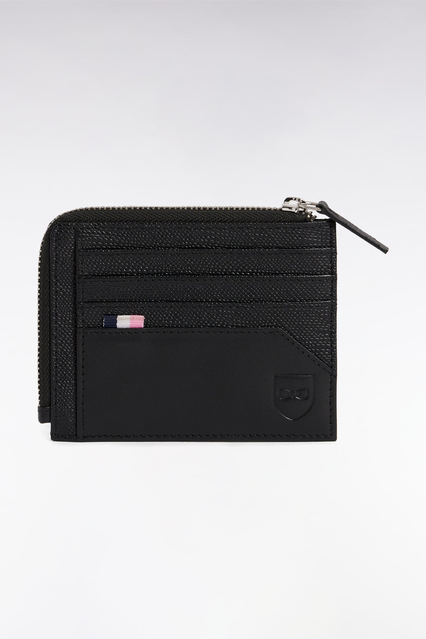 Zipped dual-material card holder in black leather