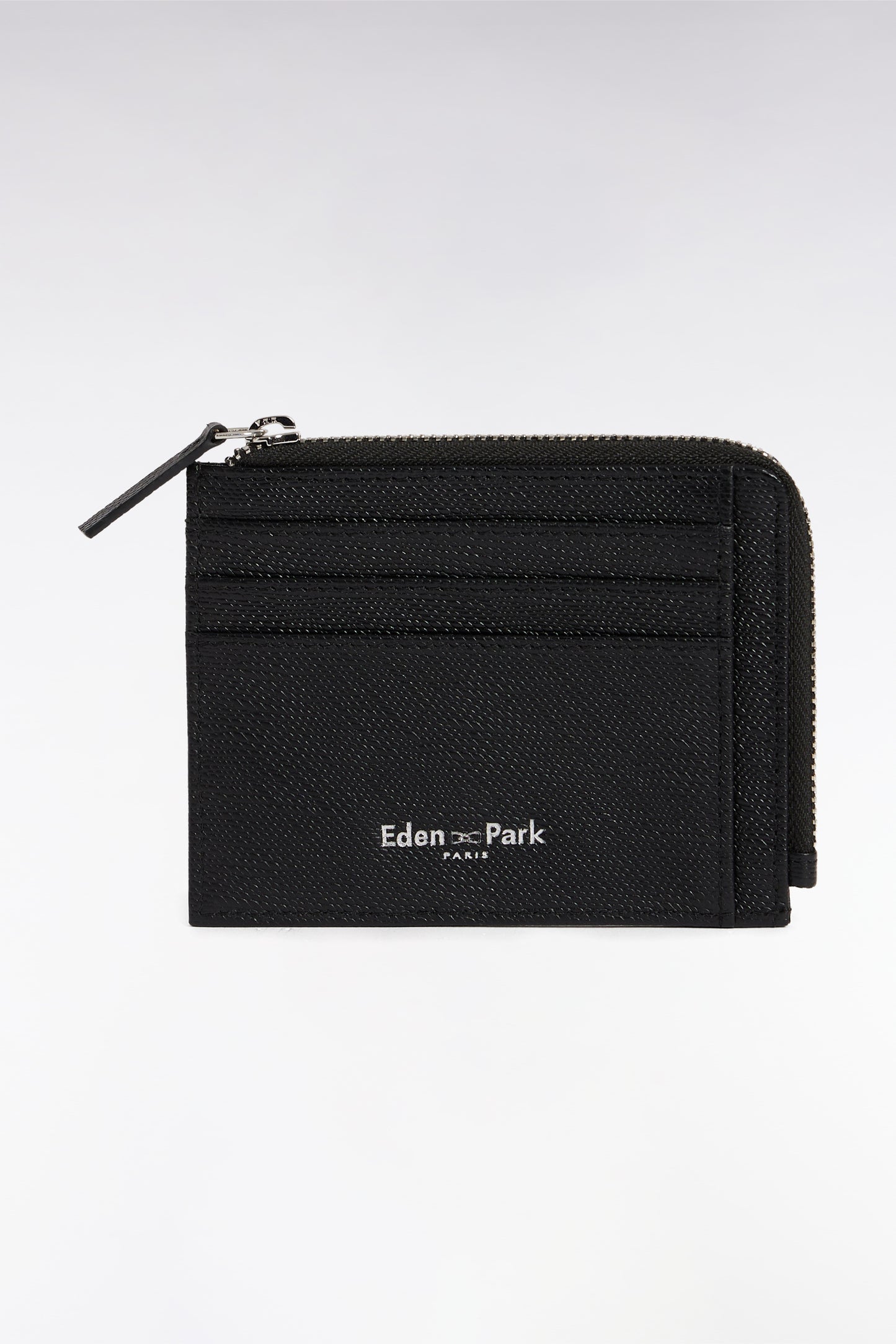 Zipped dual-material card holder in black leather