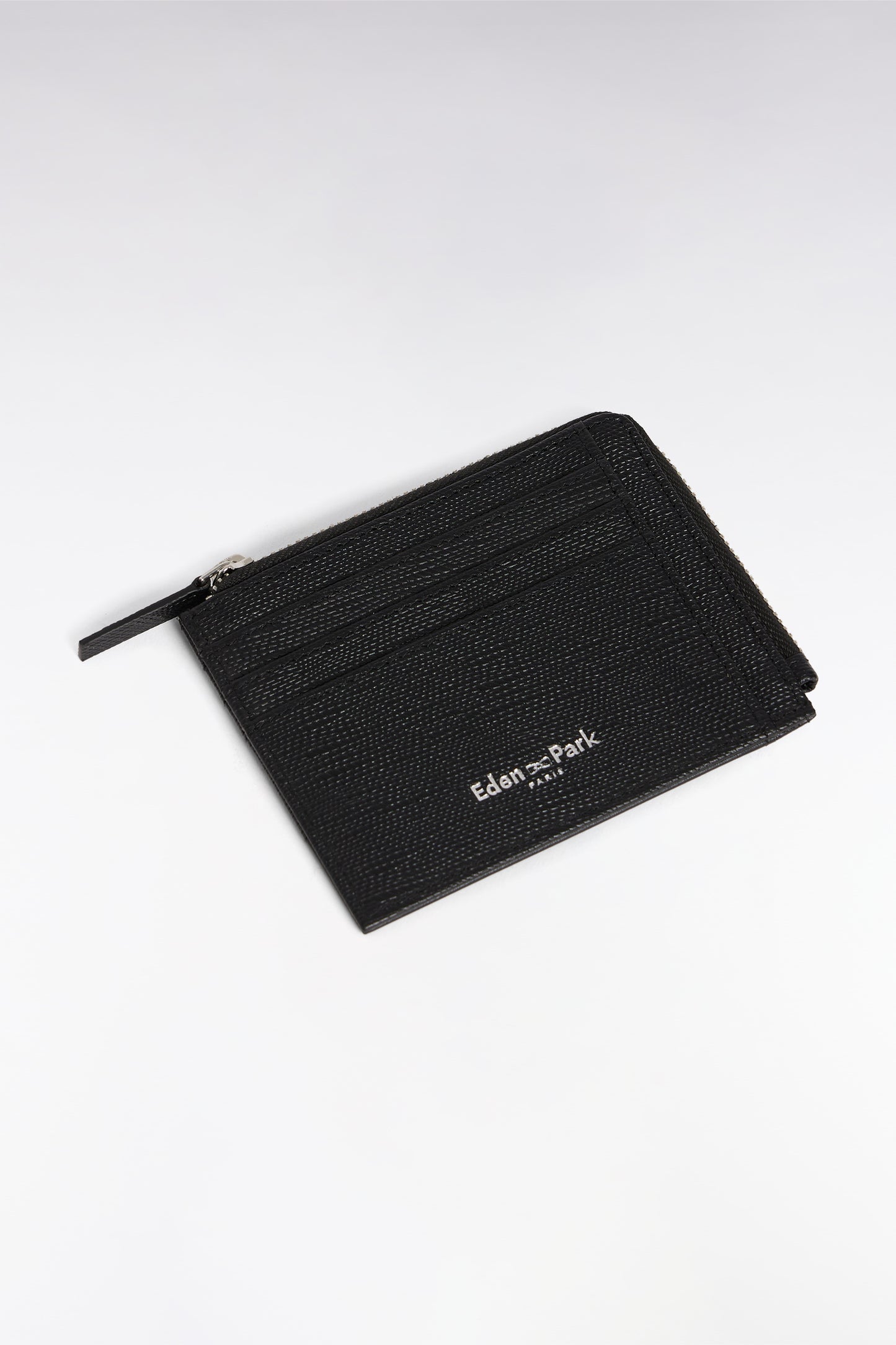 Zipped dual-material card holder in black leather