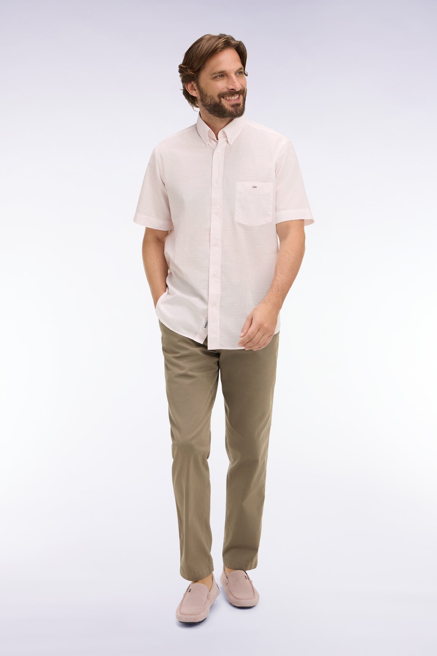 Pantalon chino taille élastique en coton et lyocell beige