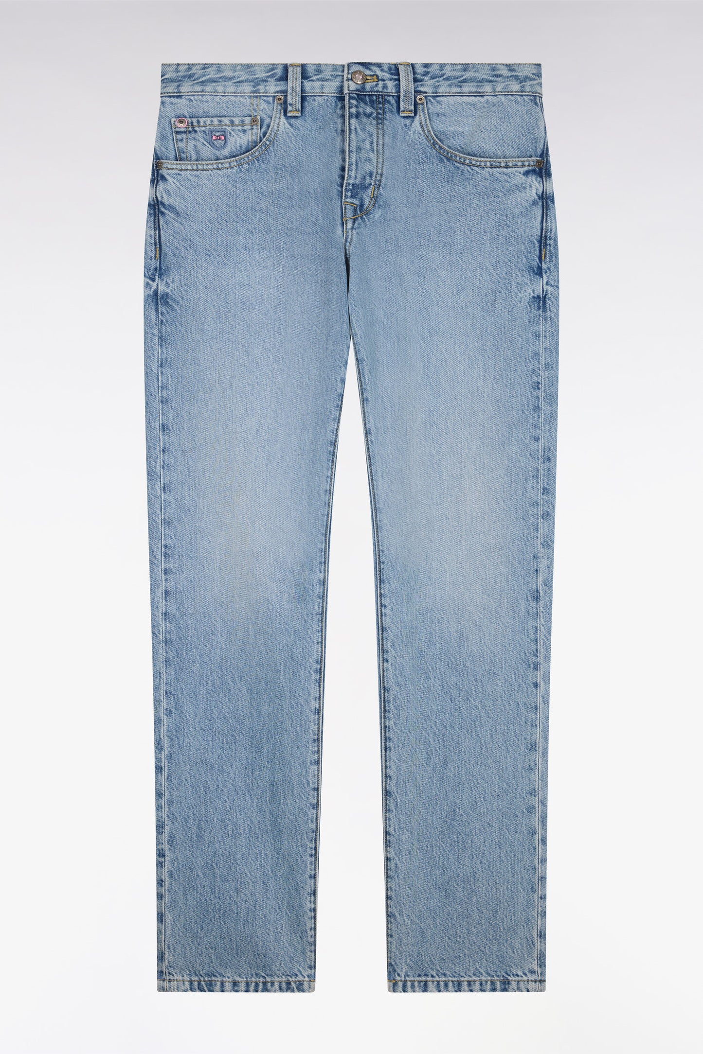 Jean en denim stretch bleu foncé stone bleach coupe regular