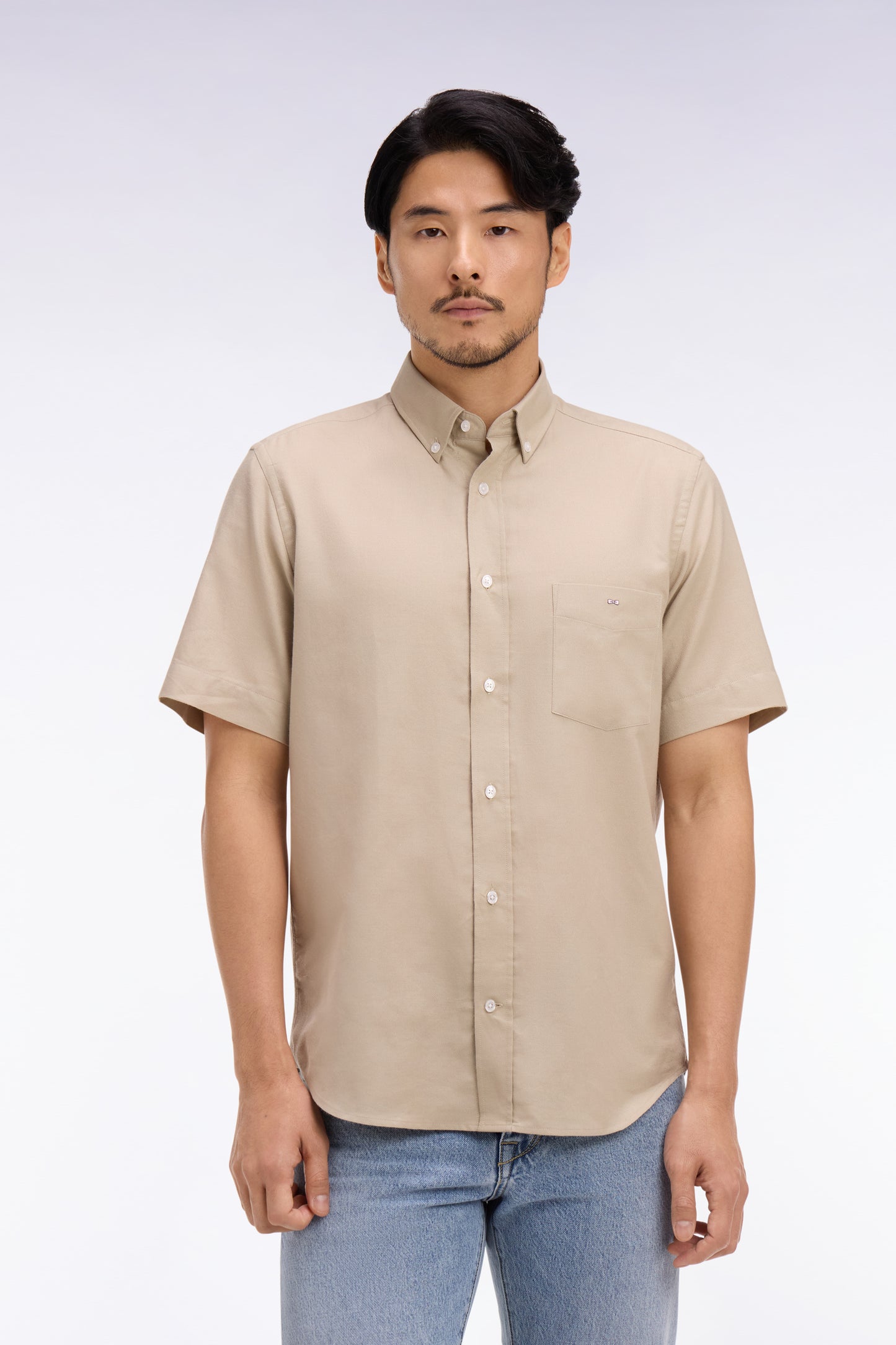 Chemise à manches courtes en piqué coton beige